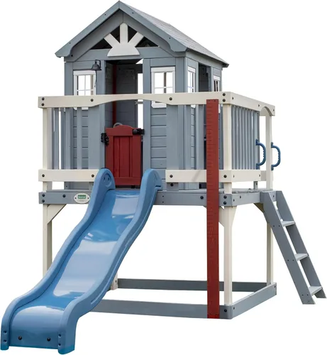 Vista 11 de Backyard Discovery Echo Heights - Casa de juegos elevada de madera de cedro para niños con tobogán ondulado, cocina de juegos, terraza envolvente