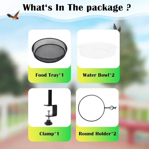 Vista 7 de HRAYLTOP Comederos para pájaros de cubierta con bandeja de malla metálica y 2 cuencos de agua, soporte de abrazadera desmontable ajustable