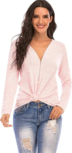 Vista 2 de Acelcyceo Blusa holgada con cuello en V para mujer blusa de manga larga y corta con cremallera
