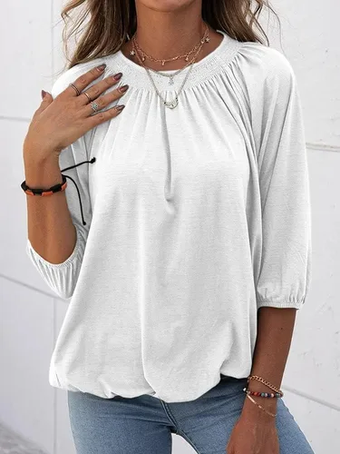 Vista 2 de Grlasen Camiseta Blusa de Mujer de Color Sólido con Cuello Redondo de Algodón de Media Manga 34 Manga Casual Holgada Plisada Básica