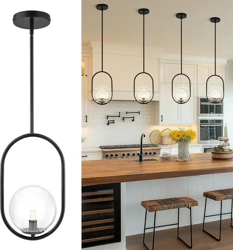Vista 15 de AUTELO Luces colgantes para isla de cocina, 1 luz de oro cepillado moderno con lámpara colgante de globo blanco lechoso, varillas ajustables