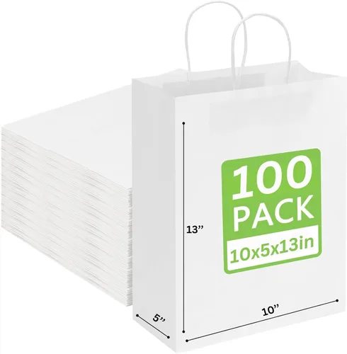 Vista 15 de JET PAPER BAGS - Bolsas de papel de estraza reciclables con asas de 10 x 5 x 13 pulgadas [25 piezas] para llevar, comestibles, golosinas, venta al