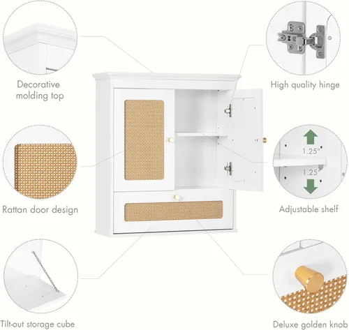Vista 5 de Spirich Armario de pared de baño sobre inodoro, boho, rota con estante ajustable, almacenamiento de montaje en pared que ahorra espacio