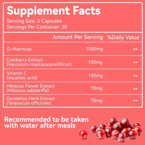 Vista 2 de Suplemento de D-manosa – Cápsulas de 1000 mg con arándano, vitamina C, hibisco y extracto de diente de león, apoya la salud urinaria, cápsulas