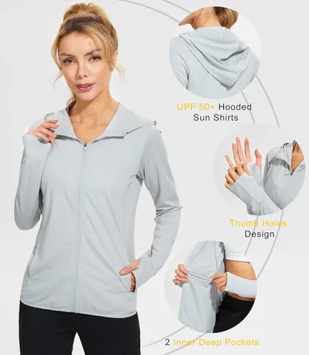 Vista 4 de Libin sudadera con capucha para mujer, con cremallera completa, UPF 50+, capucha con protección solar, de manga larga, para senderismo