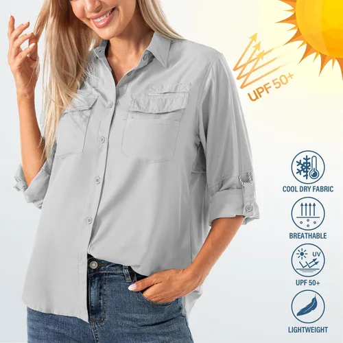 Vista 5 de Camisas de manga larga para mujer secado rápido protección UV convertibles para senderismo campamento pesca navegación