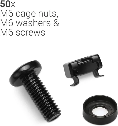 Vista 3 de kwmobile Kit de 50 tuercas jauladas, pernos y arandelas M6 – para equipos de montaje en rack en panel de conexiones, gabinetes de red de datos