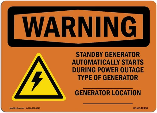 OSHA Waring Sign - Generador de espera automáticamente con símbolo | Etiqueta de vinilo | Protege tu negocio, lugar de trabajo, almacén y área de