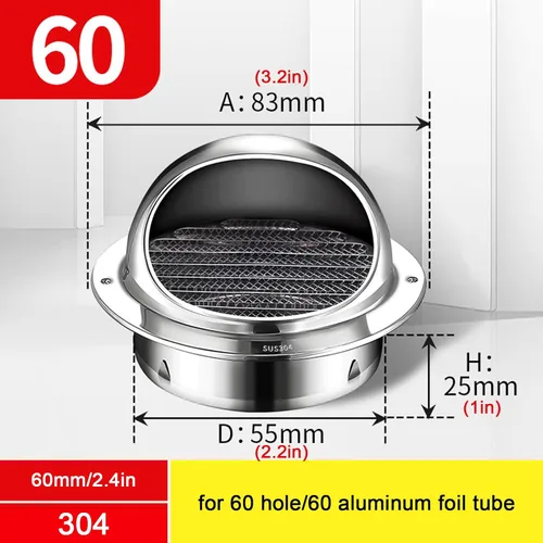 Vista 3 de Tapa redonda de acero inoxidable 304 para ventilación de aire, campana extractora, tapa de lluvia para chimenea, tapa de ventilación de conductos