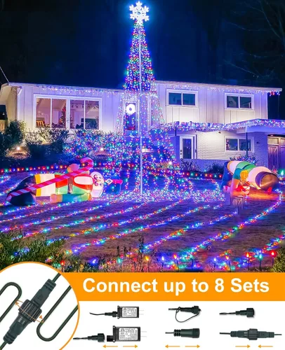Vista 6 de Tira de luces LED de Navidad de 40 pies con 120 luces LED para exteriores, impermeables, 8 modos, cadena de alambre verde, luces parpadeantes