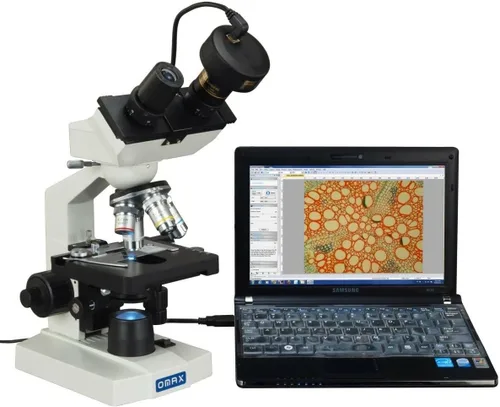 Vista 3 de OMAX 40X-2500X, microscopio LED binocular biológico compuesto con bandeja mecánica 3D y perilla coaxial de enfoque grueso/fino