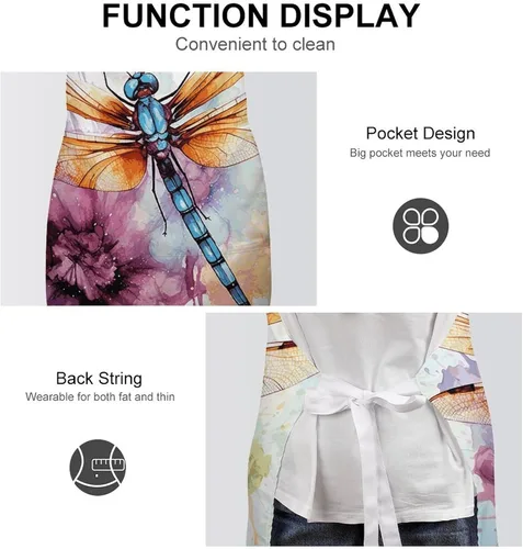Vista 6 de Personalized Dragonfly Watercolor Painting Adult Apron, Kitchen Cooking Aprons for Woman Man, Adjustable Bib Apron with Pocket for Baking, BBQ
