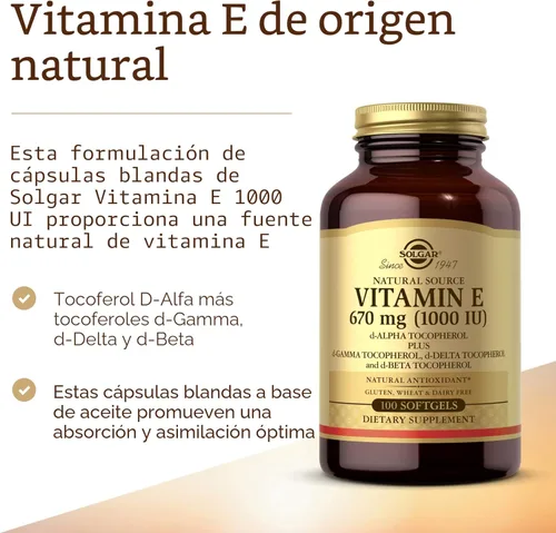 Vista 3 de Solgar, Vitamina E, 1.000 IU de D-Alfa-Tocoferol Mixto y Cápsulas Blandas de Tocoferol Mixtas, 100 Unidades, E3561, 1, 1