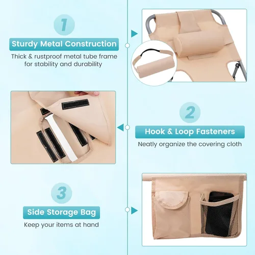 Vista 7 de Goplus Silla bronceadora, silla de playa plegable con agujero para cara y brazo, posición ajustable, almohada extraíble, bolsillo lateral, silla