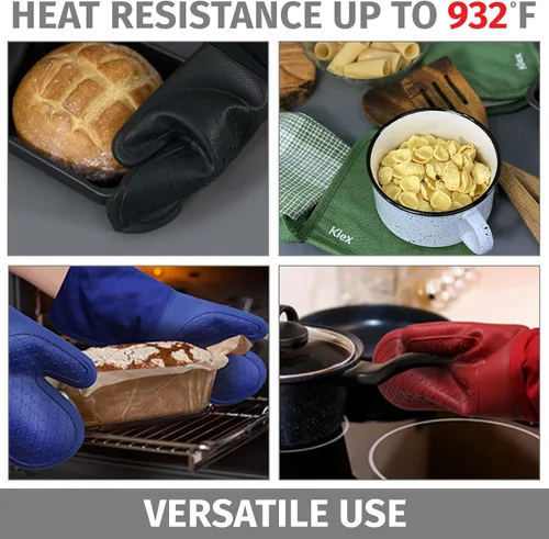 Vista 4 de Klex Guantes de horno de silicona extralargos, resistencia al calor de 932 °F con forro de algodón acolchado, juego de 2 piezas, 15 pulgadas, rojo