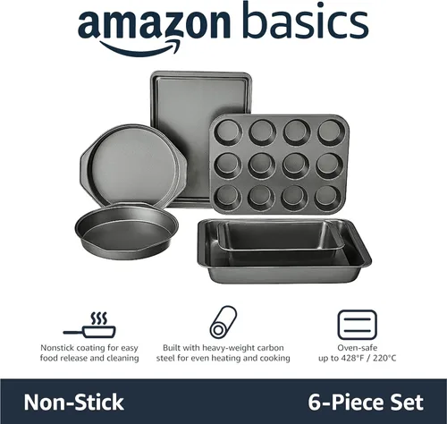Vista 2 de Amazon Basics Juego de 6 piezas de utensilios para hornear antiadherentes de acero al carbono aptos para horno con moldes para pasteles, muffins
