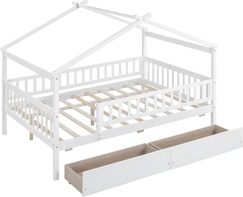 Vista 218 de Merax Cama de madera de tamaño individual con dos cajones, marco de cama de madera con techo para niños, adolescentes, niños o niñas, gris