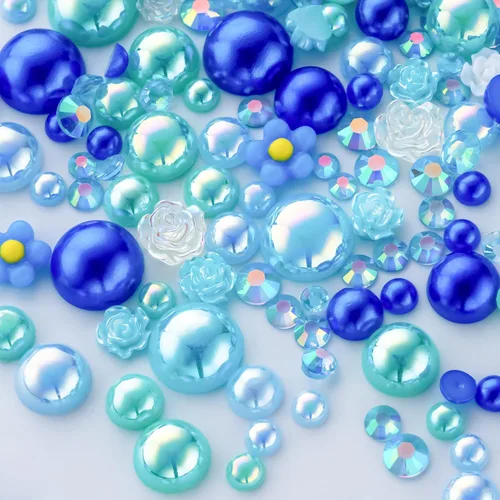 Vista 60 de 60g Perlas de Plata Gris y Diamantes de Imitación para Manualidades Tamaño Mixto 3mm-10mm Color AB Perlas Redondas Mitad Planas y Diamantes