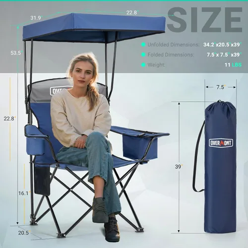 Vista 2 de Overmont Silla de camping de 2 piezas con bolsa enfriadora de toldo – Silla de playa plegable de gran tamaño con soporte de respaldo alto – Silla