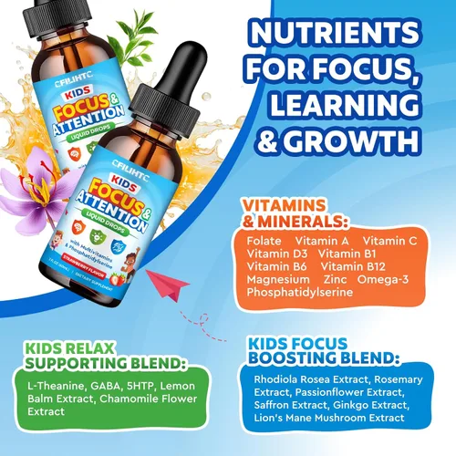 Vista 3 de Kids Focus and Attention Supplements with Phosphatidylserine, Omega-3, Magnesium Glycinate & L-Theanine, Brain Vitamins Liquid Drops for Kids