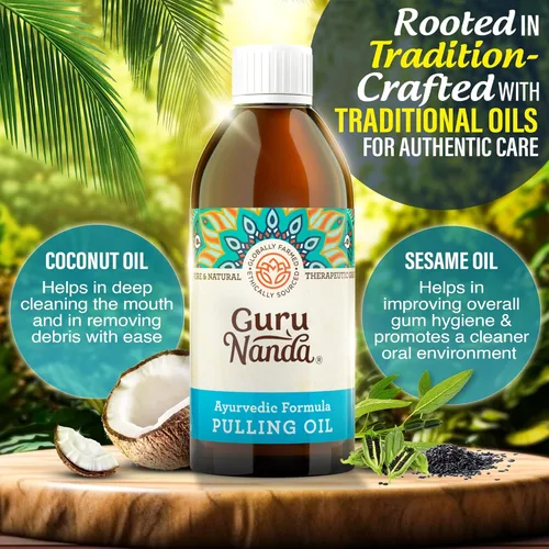 Vista 2 de GuruNanda Oil Pulling - Aceite, aceite desintoxicante oral, mezcla ayurvédica refrescante de aceites de coco, sésamo, girasol y menta