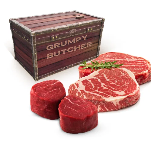Vista 10 de Grumpy Butcher 6 Steaks Sampler Set Caja de regalo: 2 filetes grandes de filete mignon y 4 filetes de New York Strip - Calidad Prime Steakhouse