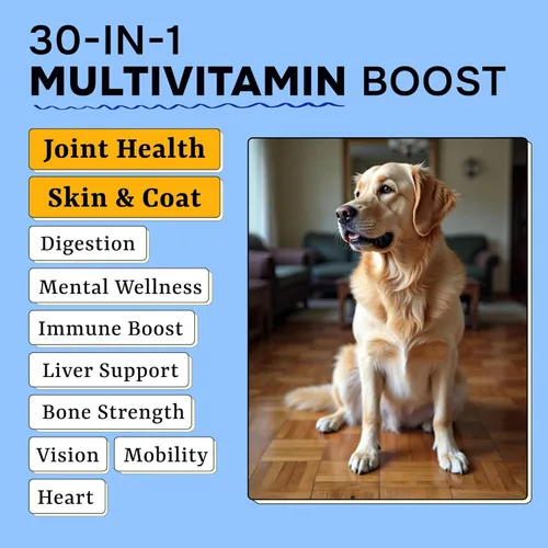 Vista 4 de Vitaminas para perros + glucosamina, multivitaminas masticables + probióticos, omega, soporte de cadera y articulaciones, piel y abrigo, salud