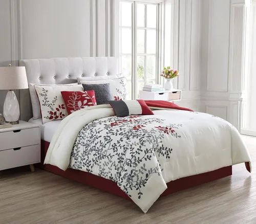 Vista 2 de Riverbrook Home Elite Collection - Juego de edredón tamaño Queen, Pemberton, rojo/gris/marfil, juego de 7 piezas