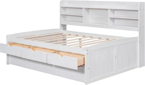 Vista 134 de Quarte Elegante cama de plataforma con estanterías en forma de L, cama de plataforma de madera tamaño individual con 2 cajones de almacenamiento