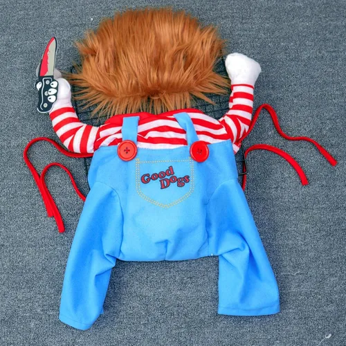 Vista 8 de Disfraz de Halloween para Perro, Divertido Disfraz de Chucky para Perro con Peluca para Mascotas, Disfraz de Cosplay Aterrador con Ropa de Cuchillo