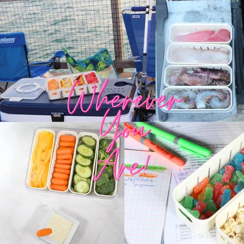 Vista 5 de Contenedores divididos de almacenamiento de frutas para refrigerador, bandeja dividida transparente para servir con tapa y asa, contenedor de 4