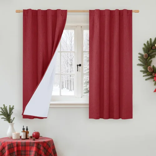 Vista 45 de LAMIT Cortinas opacas cortas de lino de 30 pulgadas para ventanas de cocina sobre el fregadero, cortinas de café texturizadas de lino marfil