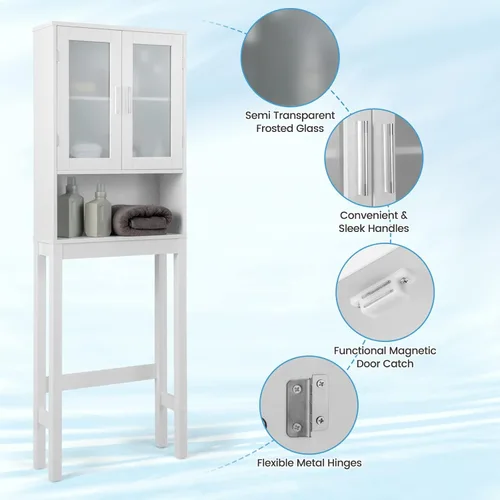 Vista 6 de Giantex Gabinete de almacenamiento sobre el inodoro, armario de baño independiente con 2 puertas de vidrio esmerilado, estante interior ajustable