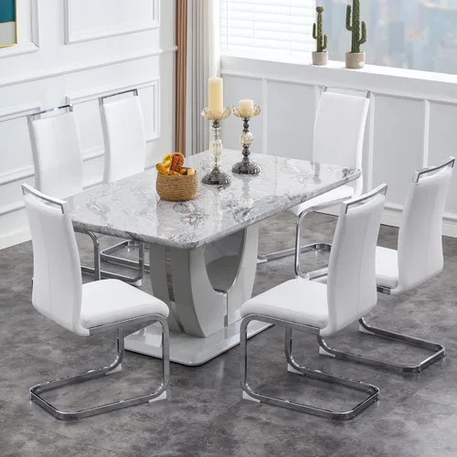 Vista 87 de JUFU Juego de mesa de comedor moderno para 4, juego de mesa de cocina rectangular de 63 pulgadas con mesa de mármol sintético y 4 sillas tapizadas