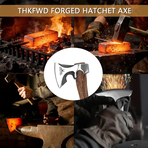 Vista 7 de Hacha de camping - Hacha de corte con funda de cuero, hacha forjada de acero al carbono de 13.8" para cortar y partir leña, ideal para supervivencia