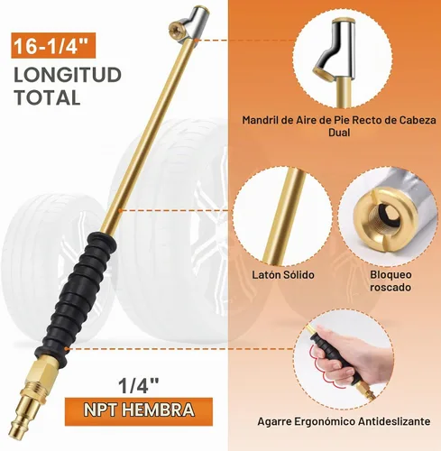 Vista 8 de Mandril de Aire de Cabezal Doble Extendido de 16-1/4" para Neumáticos Dobles de Camiones Semi, Mandril de Inflado de Neumáticos de Servicio Pesado