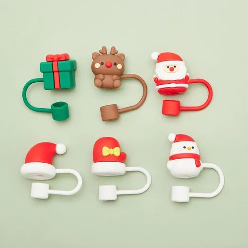 Vista 8 de 6 piezas de cubiertas de pajita con tapa para vaso Stanley de Navidad, tapa superior de pajita de silicona para vaso Stanley de 30 y 40 oz con asa