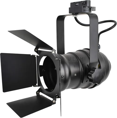 TRK9000 - Cabezal de iluminación de pista de teatro, luz de escenario con aletas de puerta de granero, acabado de pintura escarcha negra, industrial