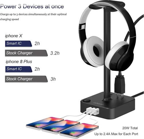 Vista 3 de cozoo Soporte para auriculares con cargador USB soporte para auriculares de escritorio con 3 cargadores USB y 2 tomas de corriente adecuado