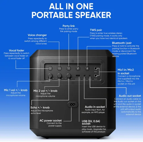 Vista 3 de Philips Altavoz Bluetooth X4207 para fiesta, altavoz inalámbrico de 100 W con sonido potente y graves profundos, compatible con USB/AUX/TWS, entrada