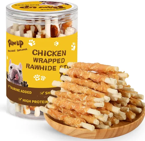 PAWUP Golosinas para perros con pollo envuelto en cuero crudo, palitos masticables de larga duración, aperitivos naturales para perros medianos y