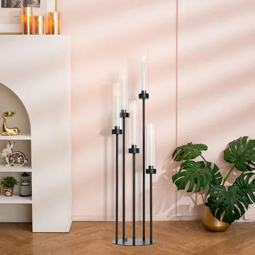 Vista 5 de Portavelas negro mate de 39.8 pulgadas con tonos acrílicos, candelabro alto de 5 brazos, centro de mesa negro para boda, sala de estar, comedor