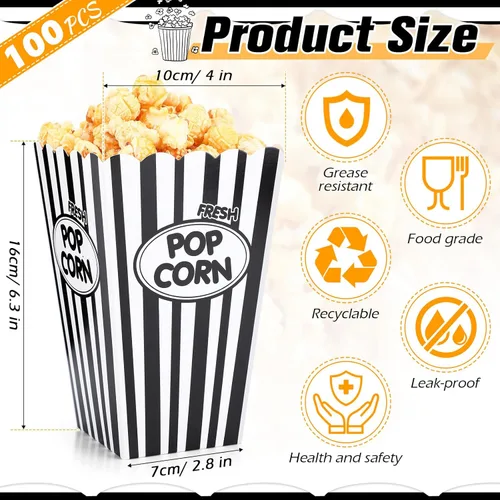 Vista 2 de Xinnun 100 paquetes de cajas de palomitas clásicas con rayas en negro y blanco, cubos de papel para palomitas desechables a prueba de aceite