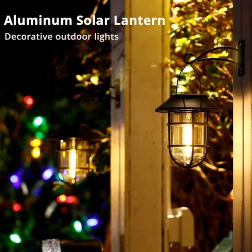 Vista 2 de Farol solar colgante para exteriores, luces solares impermeables de metal para exteriores con vidrio transparente, bombillas LED Edison