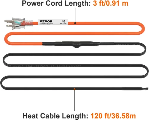 Vista 8 de VEVOR Cable de calefacción de tubería autorregulable, cinta térmica de 120 pies de 5 W/ft para protección contra congelación de tuberías, protege