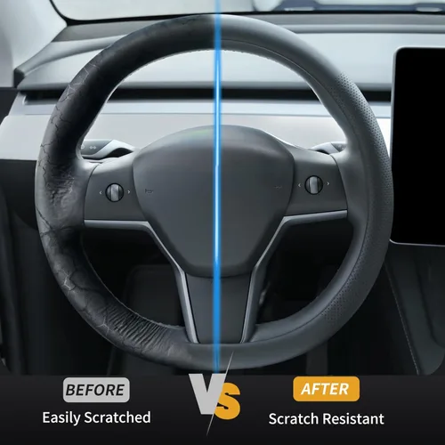 Vista 4 de Uxcer Funda de cuero de napa para volante compatible con Tesla Model 3/Y 2016-2025 2026 Juniper/Highland, antideslizante, transpirable, modelo 3/Y