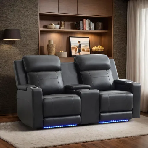 Vista 15 de Juego de sofá reclinable eléctrico con reposacabezas, asientos de cine en casa con luz LED, almacenamiento de reposabrazos, USB y tipo C, sofá