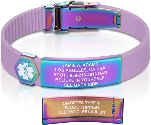 Vista 173 de Divoti Pulsera de identificación de alerta médica grabada personalizada, grabado láser de doble cara (hasta 9 líneas), pulsera de silicona ajustable