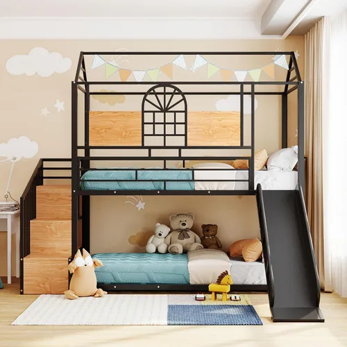 Harper & Bright Designs Literas de metal individual sobre cama individual con tobogán, litera de casa con escaleras de almacenamiento, literas para