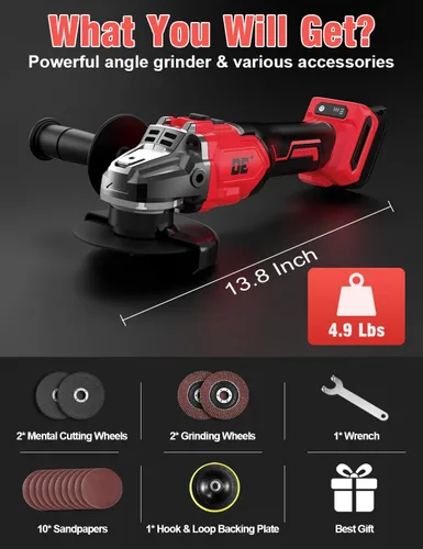 Vista 5 de Amoladora angular sin escobillas para batería Milwaukee M18, amoladora angular pequeña inalámbrica de 4 – 1/2 pulgadas con mango auxiliar, 10 lijas